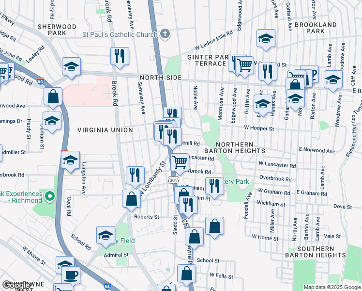 map of restaurants, bars, coffee shops, grocery stores, and more near 819 Edgehill Road in Richmond