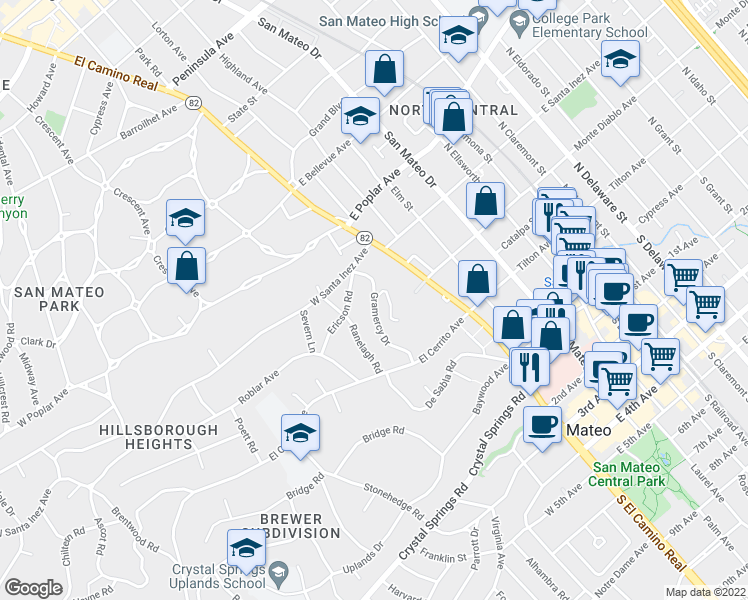 map of restaurants, bars, coffee shops, grocery stores, and more near Gramercy Drive & Mounds Road in San Mateo