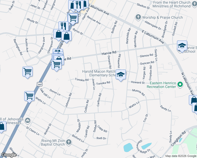 map of restaurants, bars, coffee shops, grocery stores, and more near 3307 Jowin Lane in Richmond