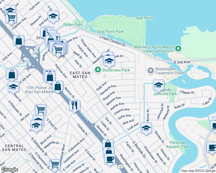 map of restaurants, bars, coffee shops, grocery stores, and more near 1609 Hemlock Avenue in San Mateo