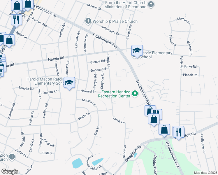 map of restaurants, bars, coffee shops, grocery stores, and more near 3304 Sandy Lane in Richmond