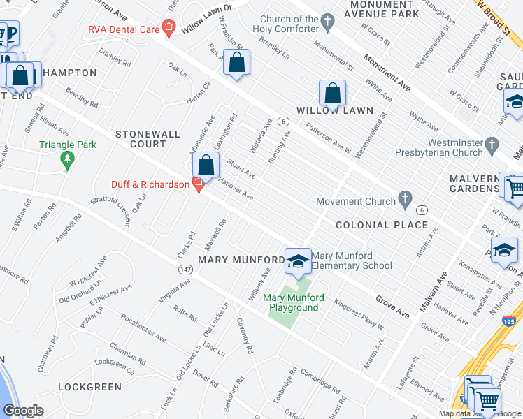 map of restaurants, bars, coffee shops, grocery stores, and more near 4633 Hanover Avenue in Richmond