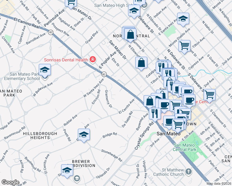 map of restaurants, bars, coffee shops, grocery stores, and more near 30 Mounds Road in San Mateo
