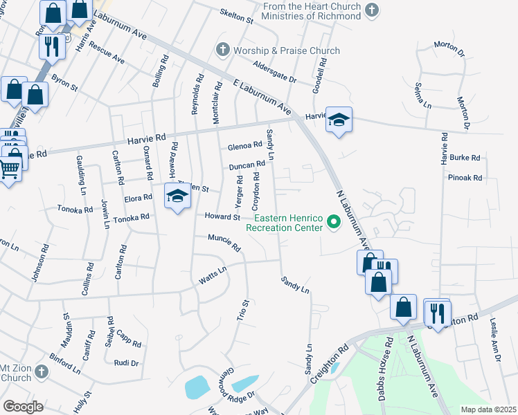 map of restaurants, bars, coffee shops, grocery stores, and more near 3305 Croydon Road in Richmond