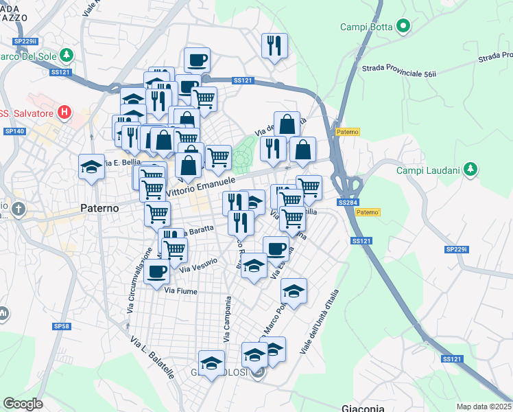map of restaurants, bars, coffee shops, grocery stores, and more near 28 Via Sardegna in Paternò