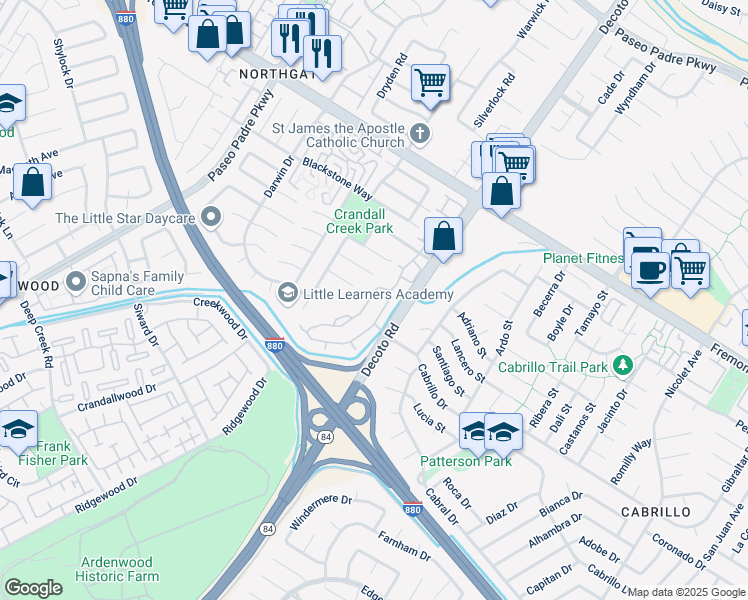 map of restaurants, bars, coffee shops, grocery stores, and more near 4510 Calypso Terrace in Fremont