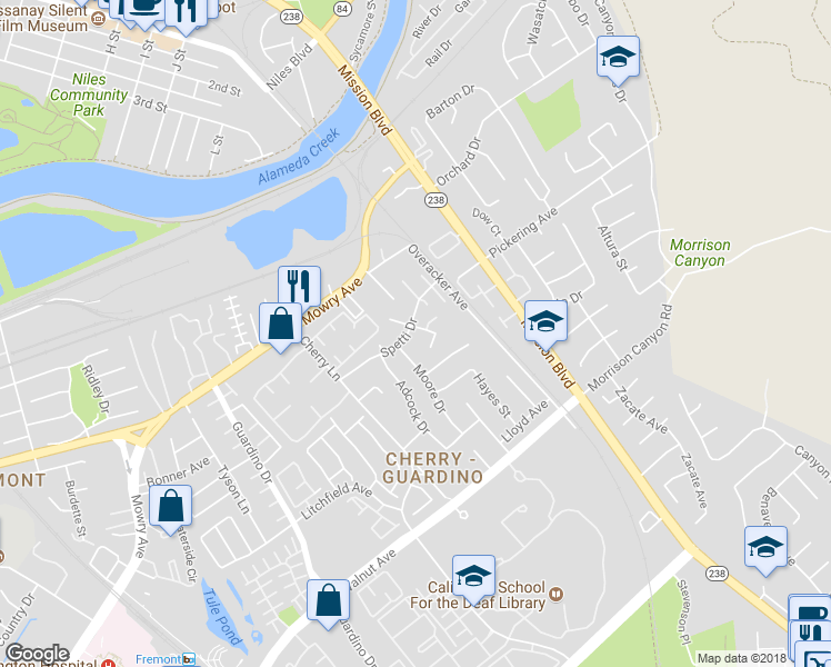 map of restaurants, bars, coffee shops, grocery stores, and more near 258 Spetti Drive in Fremont