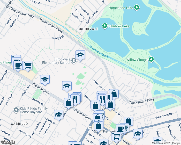 map of restaurants, bars, coffee shops, grocery stores, and more near 3377 Alder Avenue in Fremont