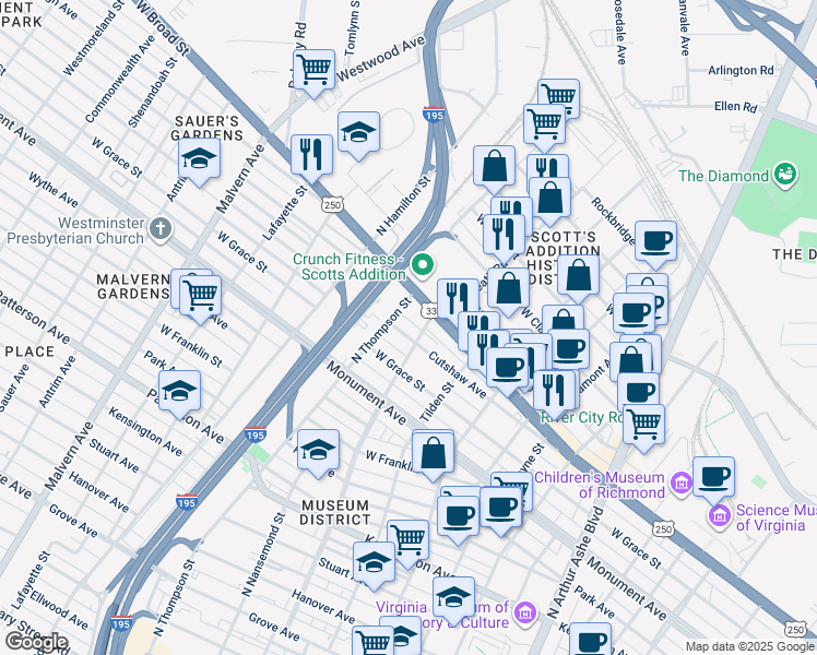 map of restaurants, bars, coffee shops, grocery stores, and more near 3406 Cutshaw Avenue in Richmond