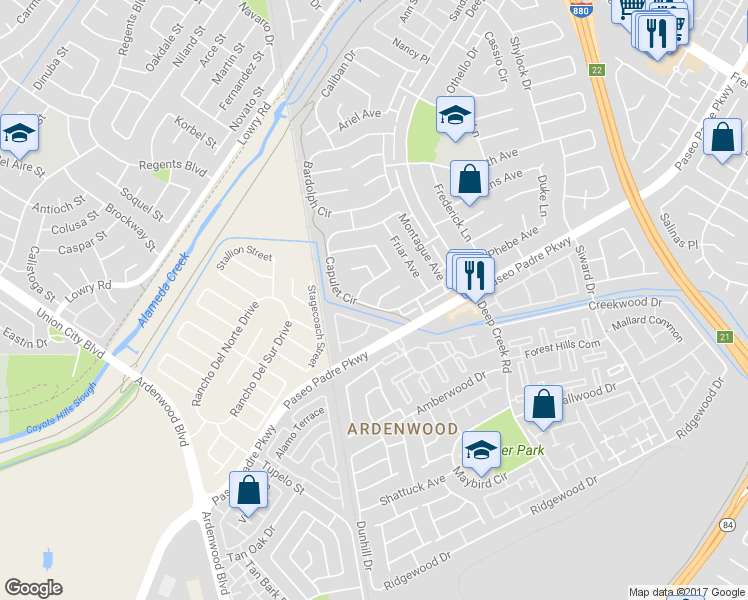 map of restaurants, bars, coffee shops, grocery stores, and more near 33948 Capulet Circle in Fremont