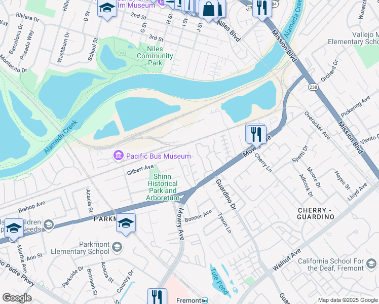 map of restaurants, bars, coffee shops, grocery stores, and more near 38248 Redwood Terrace in Fremont