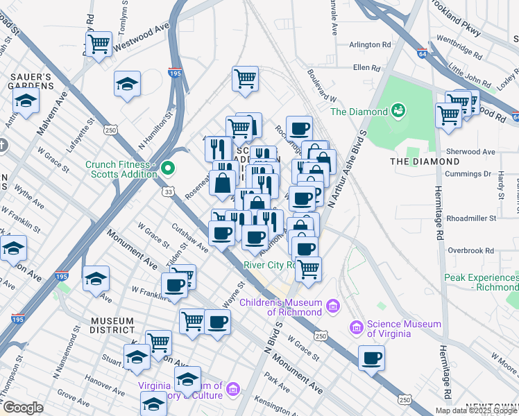 map of restaurants, bars, coffee shops, grocery stores, and more near 3121 West Leigh Street in Richmond