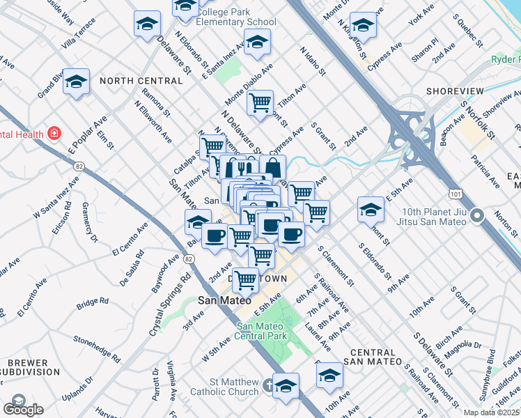 map of restaurants, bars, coffee shops, grocery stores, and more near 390 1st Avenue in San Mateo
