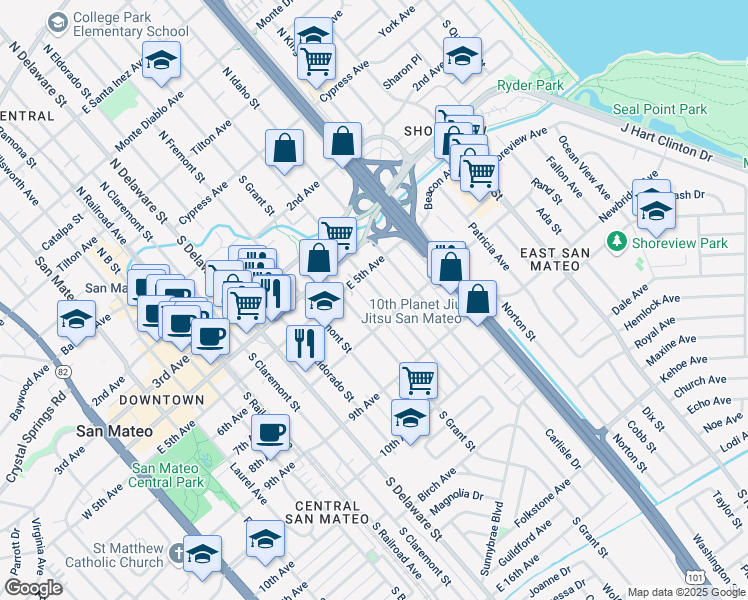 map of restaurants, bars, coffee shops, grocery stores, and more near 606 South Humboldt Street in San Mateo