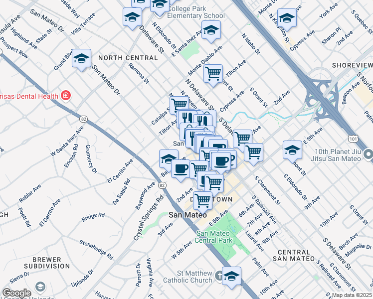 map of restaurants, bars, coffee shops, grocery stores, and more near 308 Baldwin Avenue in San Mateo