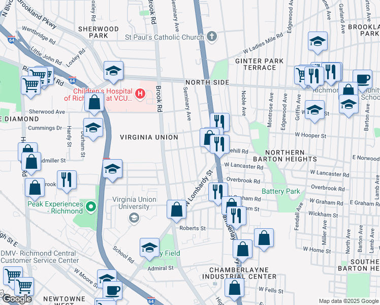 map of restaurants, bars, coffee shops, grocery stores, and more near 2620 Seminary Ave in Richmond