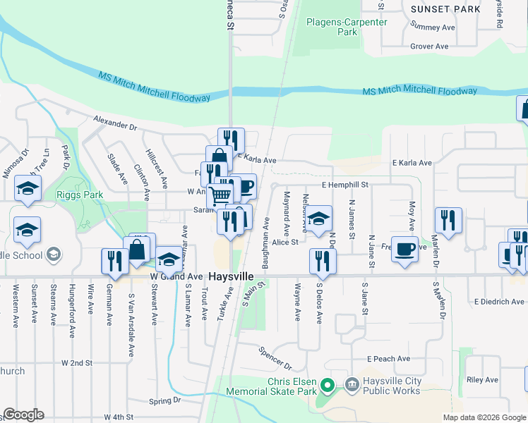 map of restaurants, bars, coffee shops, grocery stores, and more near 255 Baughman Avenue in Haysville