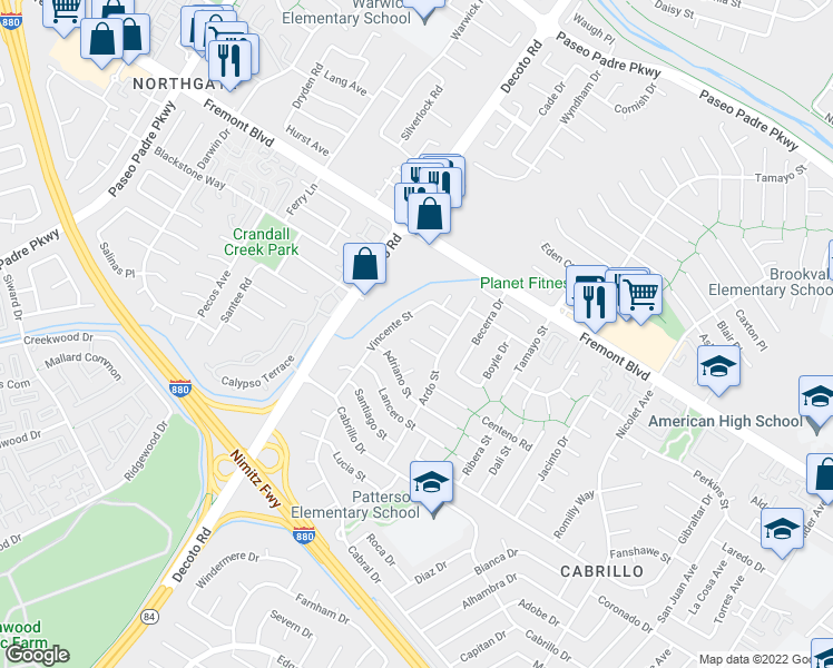 map of restaurants, bars, coffee shops, grocery stores, and more near 35226 Aquado Court in Fremont