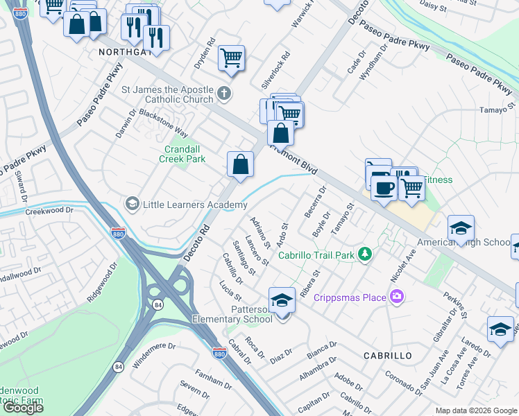map of restaurants, bars, coffee shops, grocery stores, and more near 35200 Aquado Court in Fremont