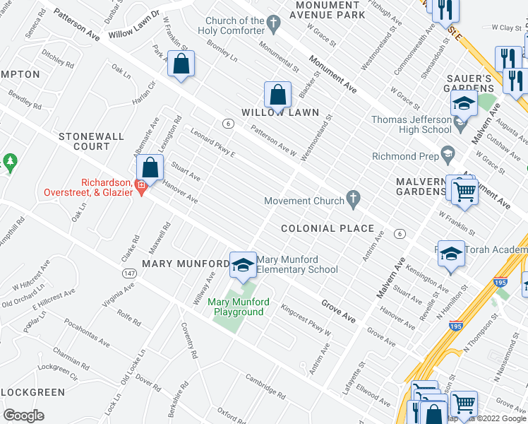 map of restaurants, bars, coffee shops, grocery stores, and more near 4602 Stuart Avenue in Richmond
