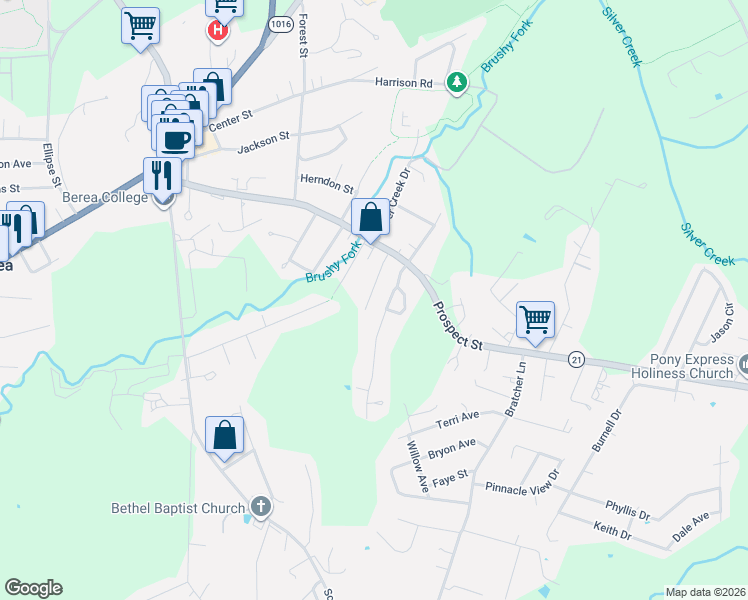 map of restaurants, bars, coffee shops, grocery stores, and more near 118 Central Avenue in Berea