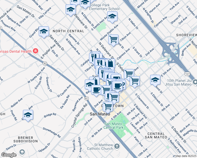 map of restaurants, bars, coffee shops, grocery stores, and more near 15 North Ellsworth Avenue in San Mateo