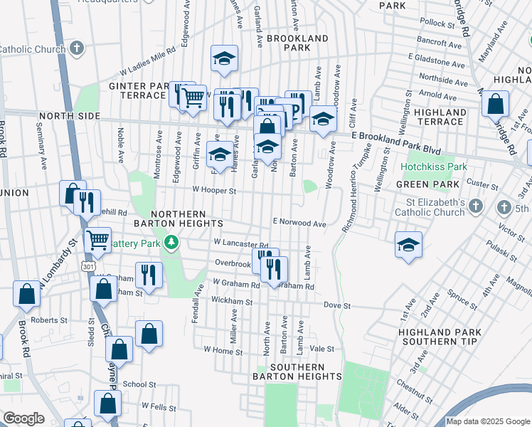 map of restaurants, bars, coffee shops, grocery stores, and more near 2710 North Avenue in Richmond