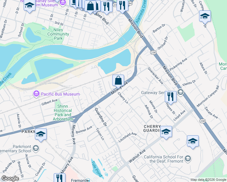 map of restaurants, bars, coffee shops, grocery stores, and more near 482 Mowry Avenue in Fremont