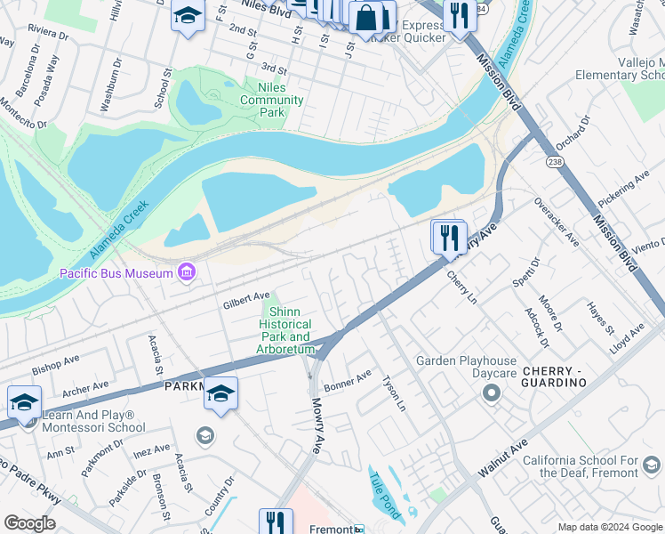 map of restaurants, bars, coffee shops, grocery stores, and more near 38248 Redwood Terrace in Fremont