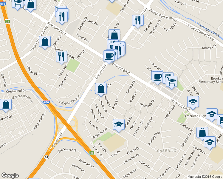 map of restaurants, bars, coffee shops, grocery stores, and more near 35200 Aquado Court in Fremont