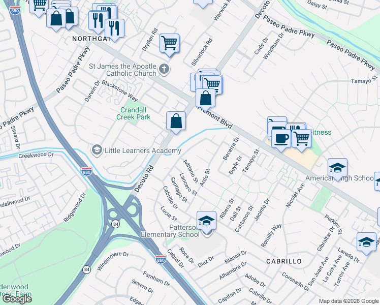 map of restaurants, bars, coffee shops, grocery stores, and more near 35200 Aquado Court in Fremont