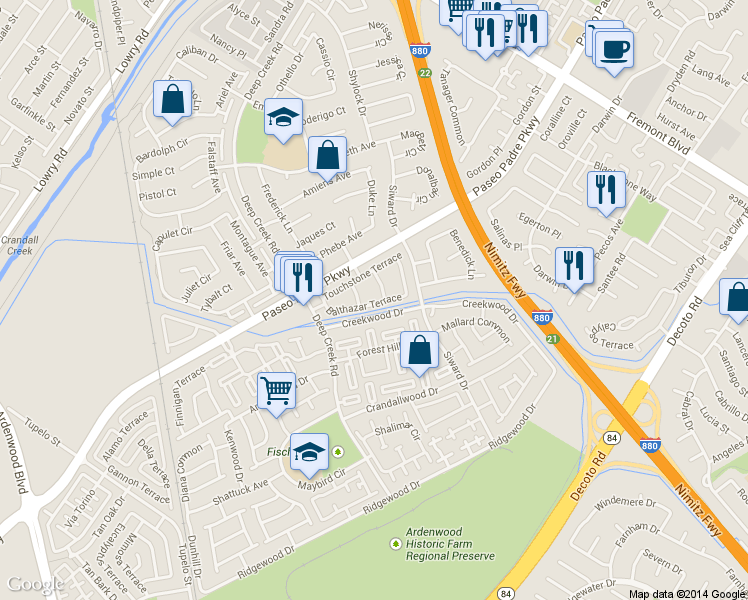 map of restaurants, bars, coffee shops, grocery stores, and more near 34339 Bodkin Terrace in Fremont