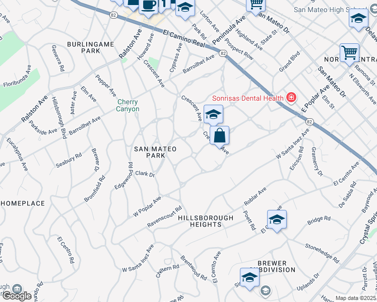 map of restaurants, bars, coffee shops, grocery stores, and more near 310 West Bellevue Avenue in San Mateo