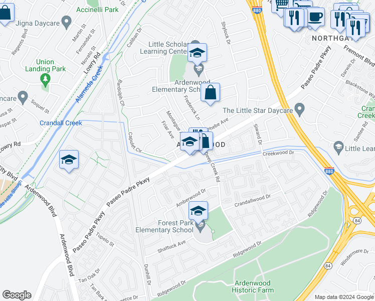 map of restaurants, bars, coffee shops, grocery stores, and more near 4953 Paseo Padre Parkway in Fremont