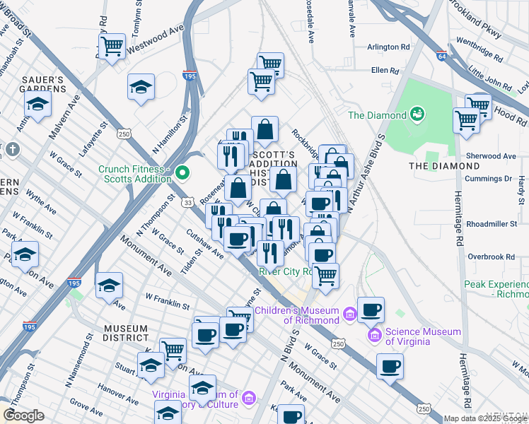 map of restaurants, bars, coffee shops, grocery stores, and more near 3122 West Clay Street in Richmond