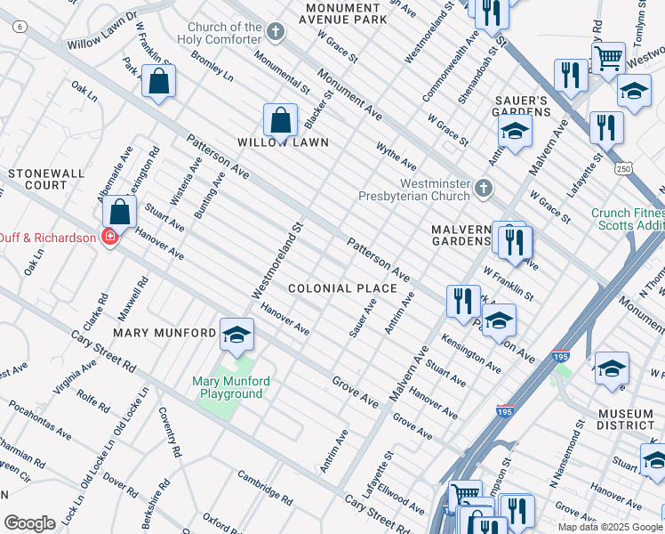 map of restaurants, bars, coffee shops, grocery stores, and more near 4407 Leonard Parkway in Richmond