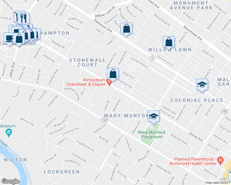 map of restaurants, bars, coffee shops, grocery stores, and more near 29 Clarke Road in Richmond