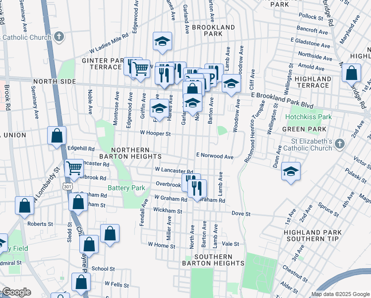 map of restaurants, bars, coffee shops, grocery stores, and more near 2715 Garland Avenue in Richmond