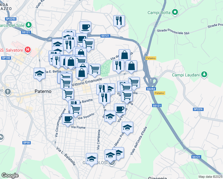 map of restaurants, bars, coffee shops, grocery stores, and more near 28 Via Sardegna in Paternò