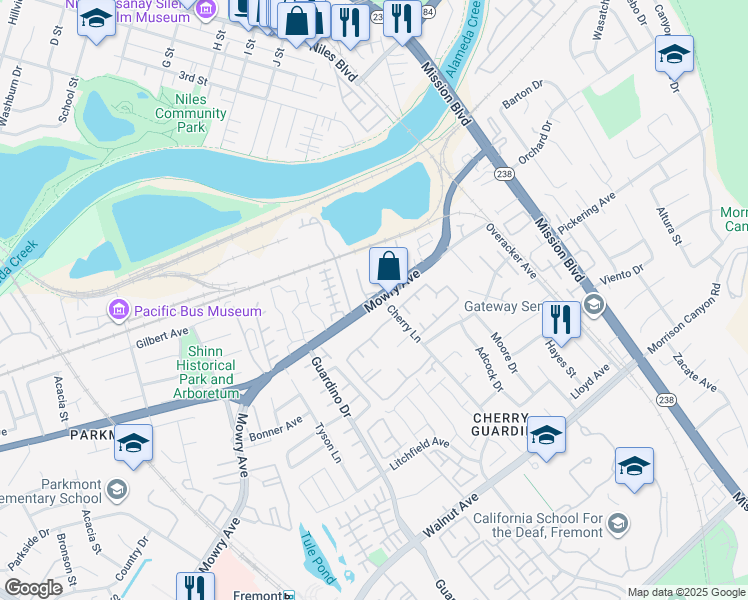 map of restaurants, bars, coffee shops, grocery stores, and more near 482 Mowry Avenue in Fremont