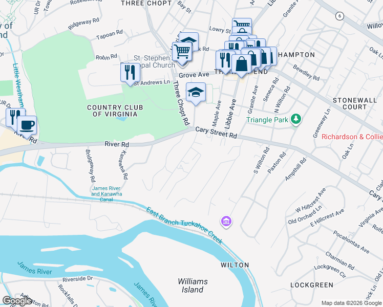 map of restaurants, bars, coffee shops, grocery stores, and more near 15 Rio Vista Lane in Richmond
