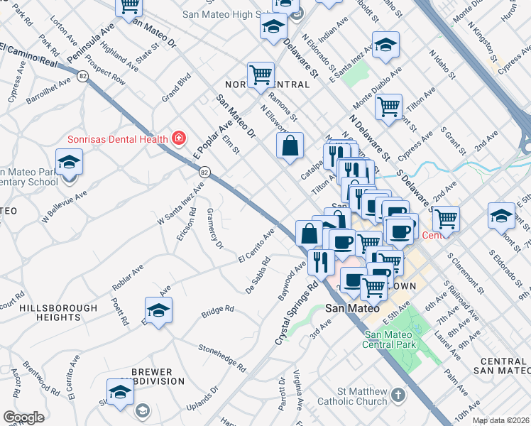 map of restaurants, bars, coffee shops, grocery stores, and more near 120 N El Camino Real in San Mateo