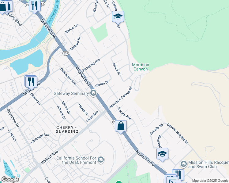 map of restaurants, bars, coffee shops, grocery stores, and more near 222 Arroz Place in Fremont