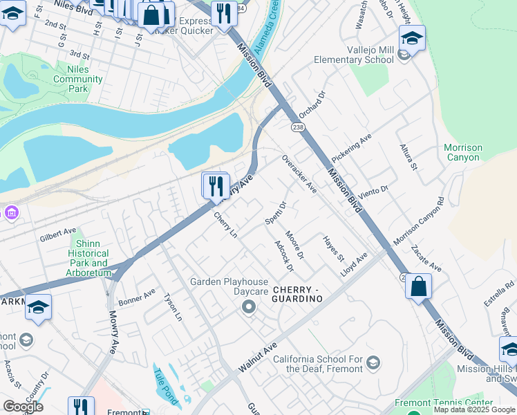 map of restaurants, bars, coffee shops, grocery stores, and more near 38583 Royal Ann Common in Fremont
