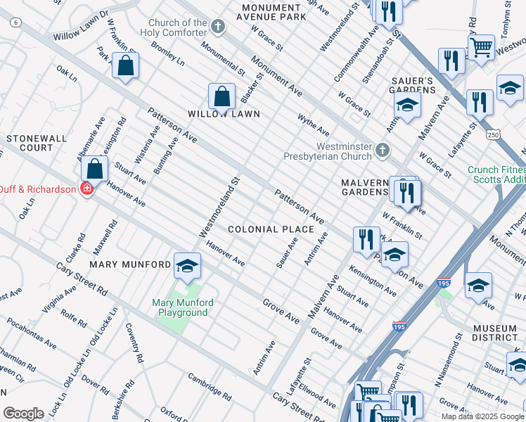 map of restaurants, bars, coffee shops, grocery stores, and more near 4407 Leonard Parkway in Richmond