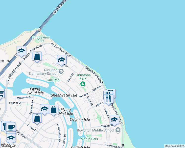 map of restaurants, bars, coffee shops, grocery stores, and more near 1667 Beach Park Boulevard in Foster City