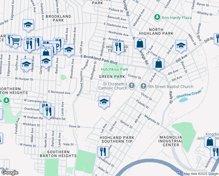 map of restaurants, bars, coffee shops, grocery stores, and more near 1016 Crafton Lane in Richmond