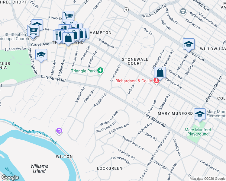 map of restaurants, bars, coffee shops, grocery stores, and more near 5120 Cary Street Road in Richmond