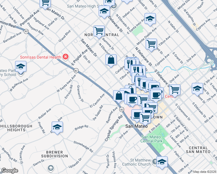 map of restaurants, bars, coffee shops, grocery stores, and more near 111 Elm Street in San Mateo