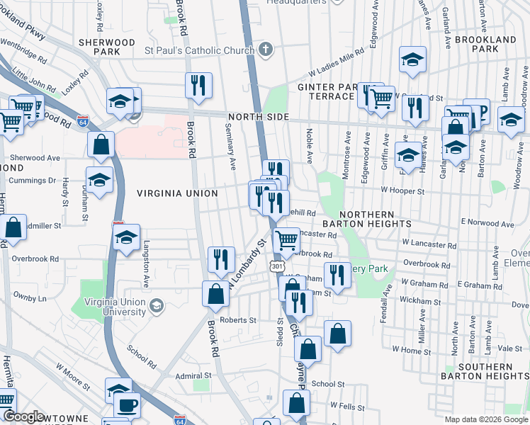 map of restaurants, bars, coffee shops, grocery stores, and more near 2614 Chamberlayne Avenue in Richmond